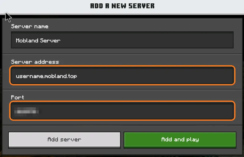 فرم افزودن سرور در ماینکرافت بدراک با کادرهای جدای Server address و Port