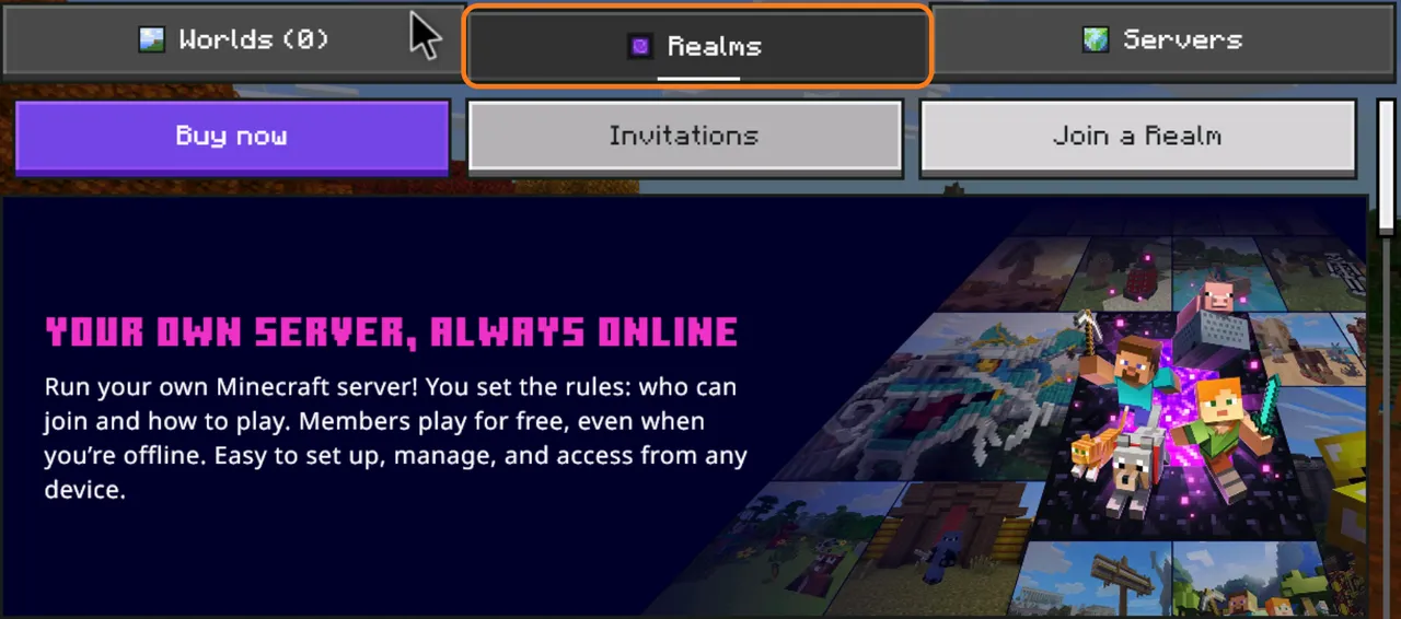 تب Realms در منوی Play ماینکرافت بدراک با دکمههای Buy now، Invitations و Join a Realm