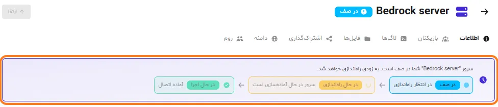 صفحه‌ی سرور بدراک تازه‌ساخته‌شده در ماب‌لند با وضعیت در صف و مراحل راه‌اندازی