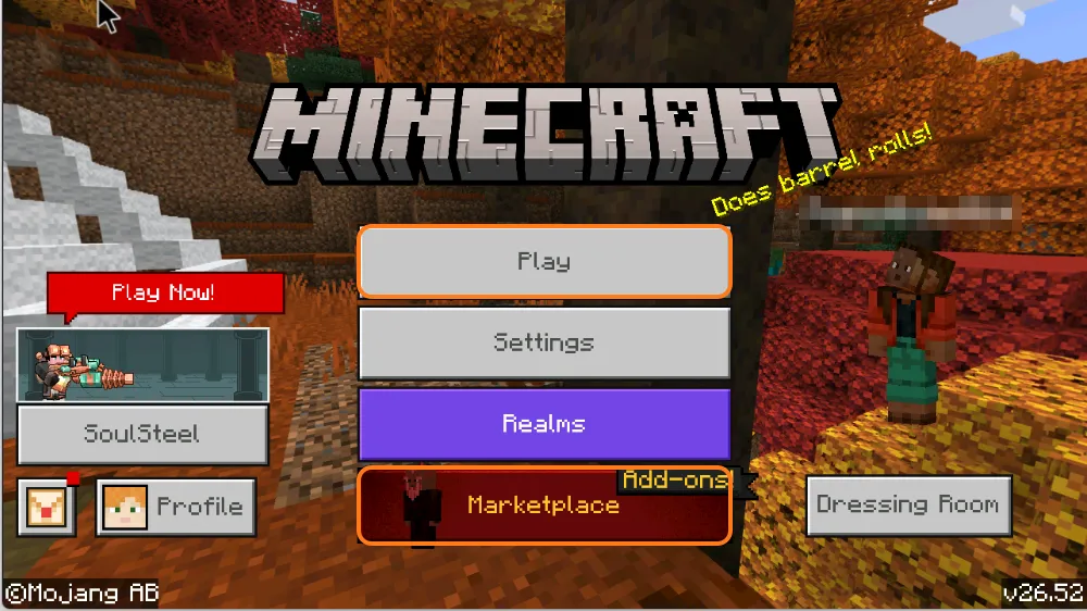 صفحه‌ی اصلی ماینکرافت بدراک روی اندروید با دکمه‌های Play، Settings، Realms و Marketplace