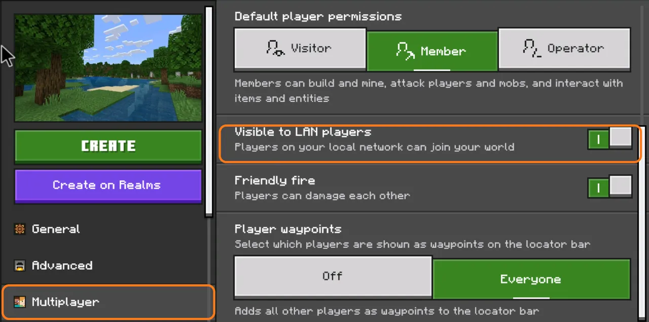 تنظیمات Multiplayer هنگام ساخت دنیای جدید در ماینکرافت بدراک با گزینهی Visible to LAN players