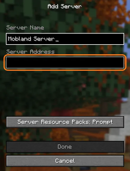 فرم Add Server در ماینکرافت جاوا با کادرهای Server Name و Server Address