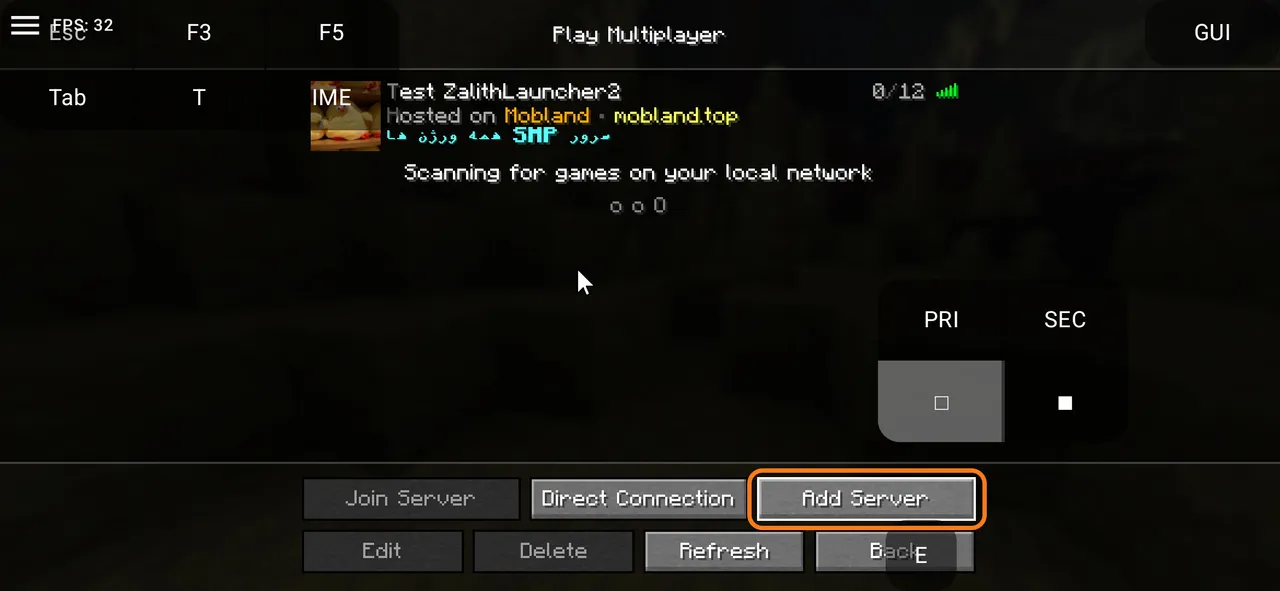 صفحهی Multiplayer ماینکرافت جاوا روی گوشی اندروید با دکمهی Add Server و یک سرور مابلند در فهرست
