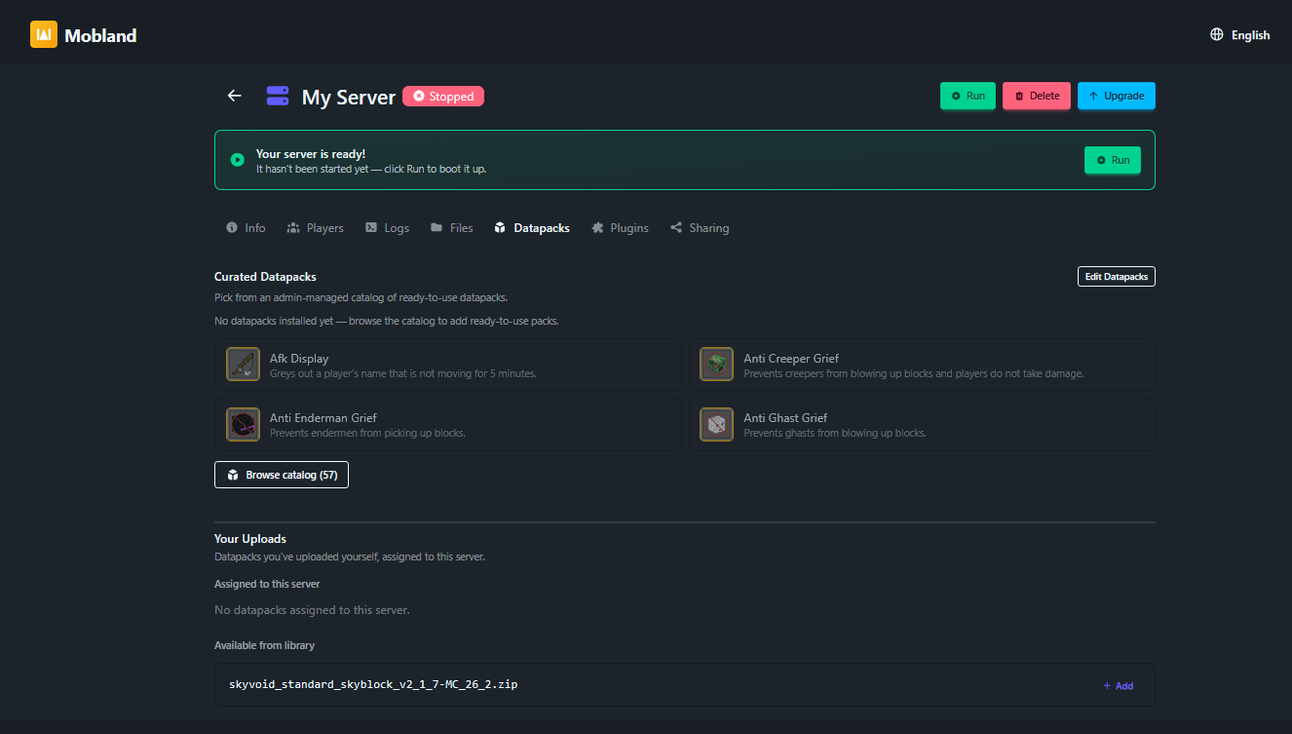Server management page, Datapacks tab, with the uploaded SkyBlock pack and its Add button highlighted