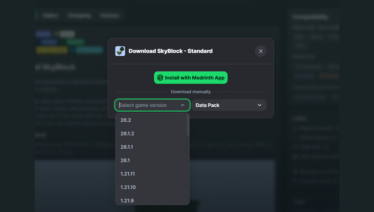 Modrinth download dialog with the game version dropdown open and Data Pack selected as the format