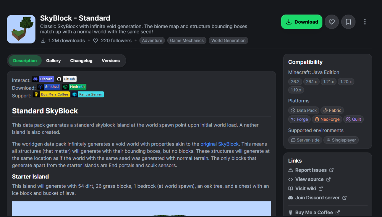 SkyBlock - Standard datapack page on Modrinth with the Download button highlighted