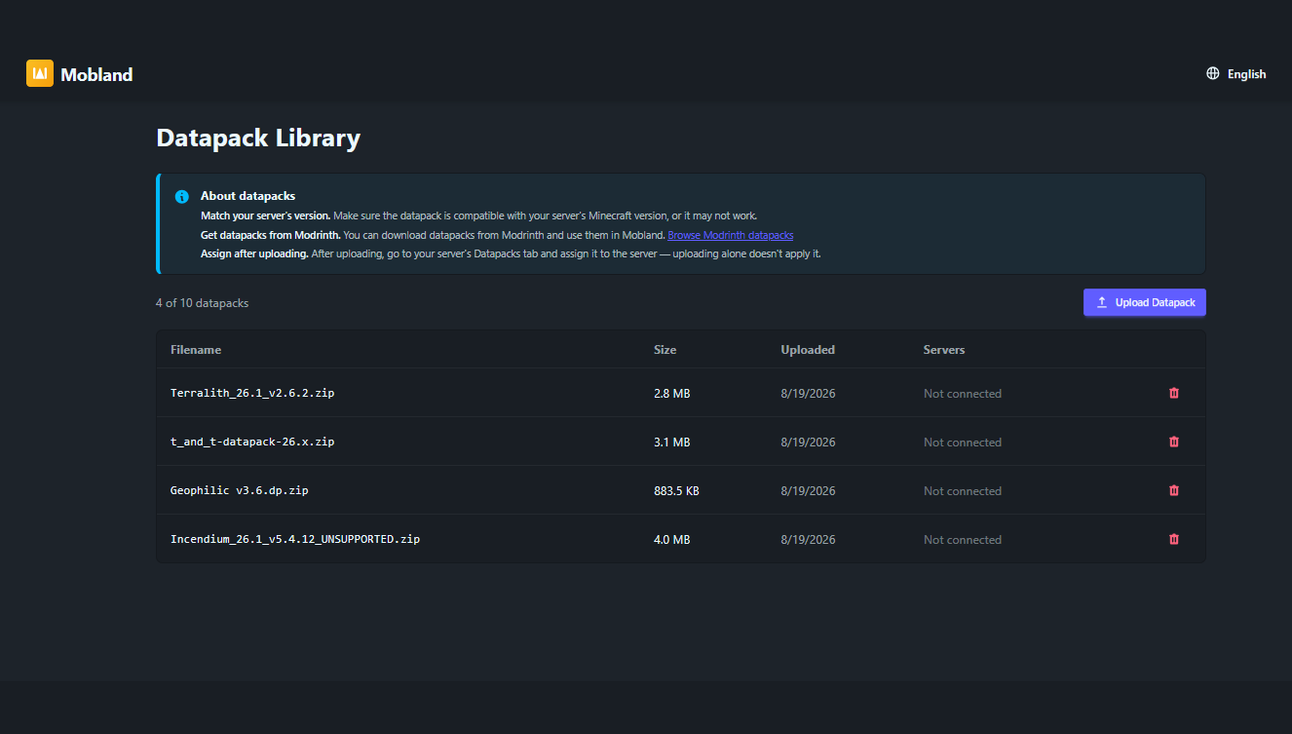 Mobland Datapack Library page with the Upload Datapack button highlighted